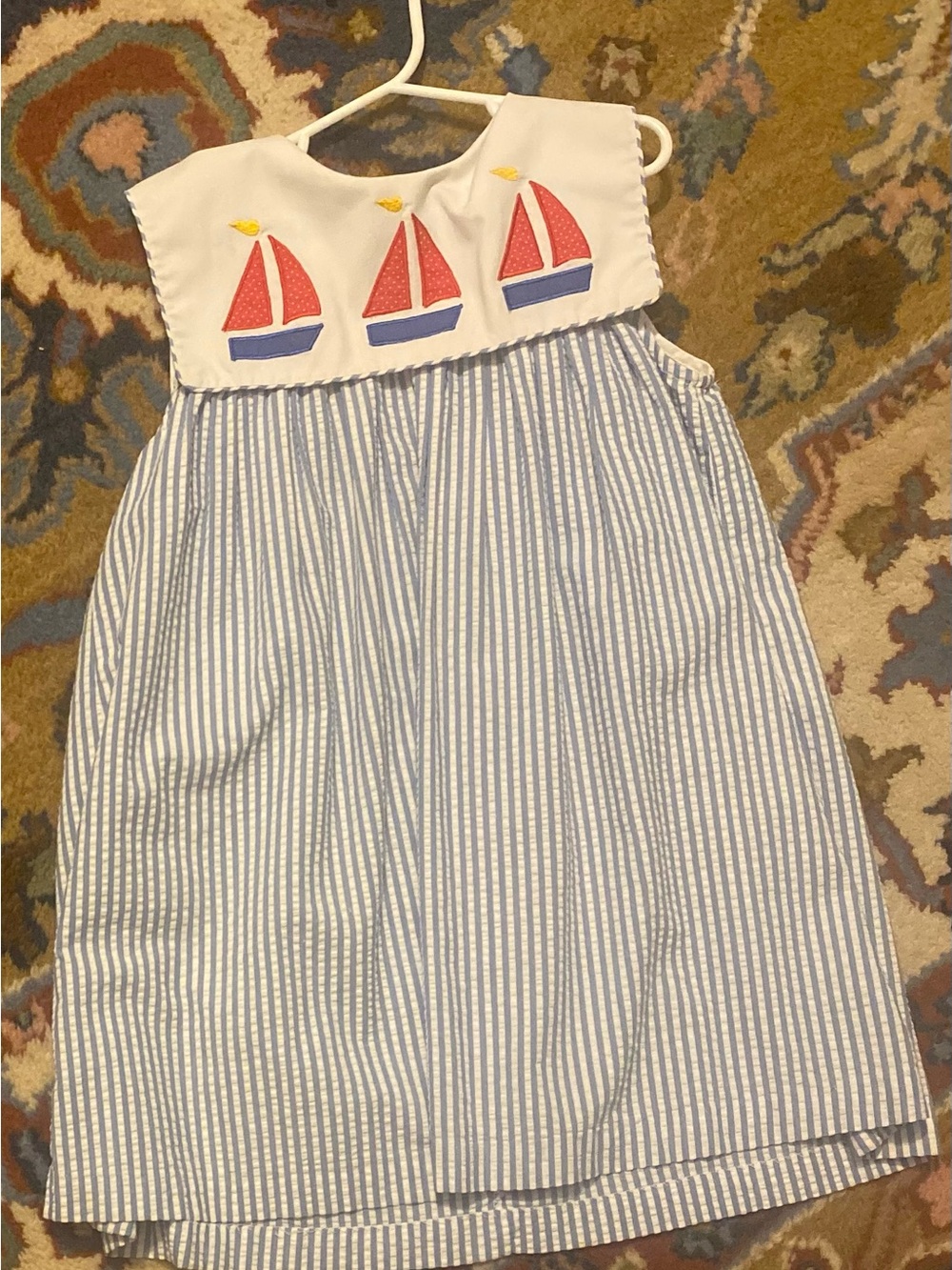 Girls Blue Seersucker Sailboat Appliqué Sundress